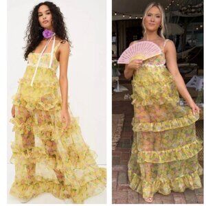 NWT For Love & Lemons Vikki Yellow Sheer Floral Maxi Ruffles Lace Trim Dress